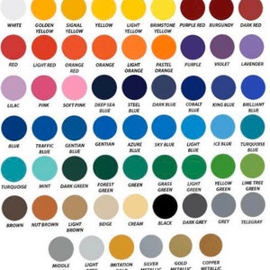 May include: A color chart with 60 different color swatches, each with a name label. The colors are arranged in rows and columns, starting with white and ending with copper metallic.