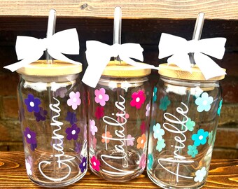 Daisy Cup Iced Coffee Cup Glass, Personalized Gifts for Her, Coffee Mug, Iced Coffee Cup, Iced Coffee Glass, Daisy Coffee Cup,  Coffee Glass
