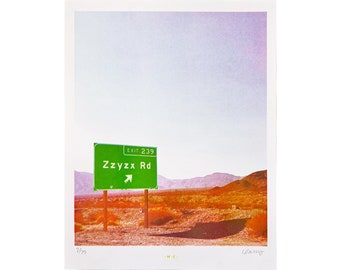 Zzyzx Road - Limited Edition Risograph Art Print, Sky, Desert, Mojave, California, Interstate, Sign, Eerie, Highway, Grainy, Typography