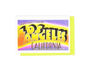 Greetings from: Los Angeles, California Risograph Card, LA, LAX, Hollywood, Glendale, Silver Lake, Eagle Rock, Long Beach, Santa Monica,