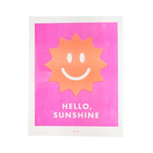 Hello Sunshine - Retro Risograph Art Print, Mid Century Decor, Clouds, Poster, Sun, Handmade, Graphic Design