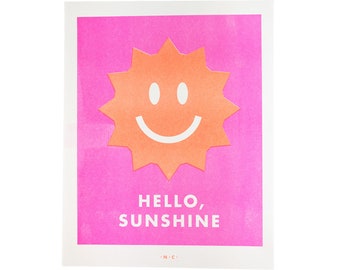 Hello Sunshine - Retro Risograph Art Print, Mid Century Decor, Clouds, Poster, Sun, Handmade, Graphic Design