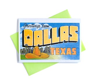 Greetings from: Dallas, Texas - Risograph Card, Cowboys, Cowboy Hat, TX, Fort Worth, Houston, Dealey Plaza, America, Midwest