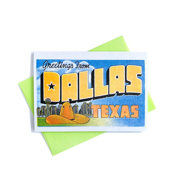 Greetings from: Dallas, Texas - Risograph Card, Cowboys, Cowboy Hat, TX, Fort Worth, Houston, Dealey Plaza, America, Midwest