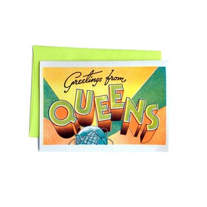 Greetings from: Queens, New York - Risograph Card, Flushing, Jackson Heights, Astoria, Long Island City, Whitestone, Worlds Fair, 7 Line, NY