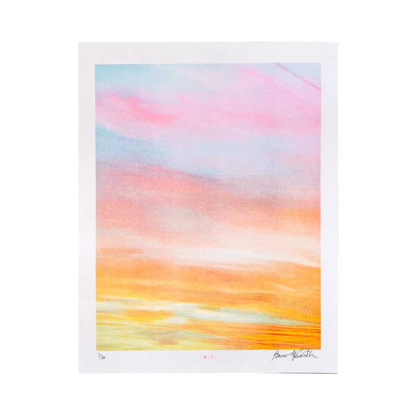 Sunset Series #4 - Risograph Art Print, Sky, Sunset, Clouds, Pastel, Wispy, Sunrays