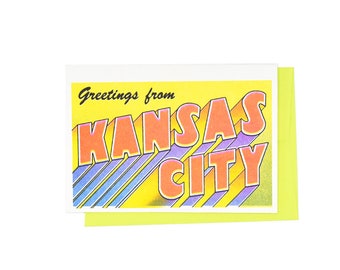 Saludos desde: Kansas City, Missouri Risograph Card, City of Fountains, Nelson-Atkins, Jazz, Kauffman