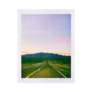 Highway Sunset - Limited Edition Risograph Art Print, Sky, Sunset, Night, Eerie, Highway, Quiet, Grainy, Empty Road, California, Mojave