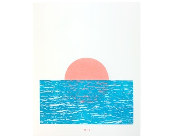 Sunset on the River - Risograph Print, Graphic, Art Print, Riso, Serene, Neon Orange