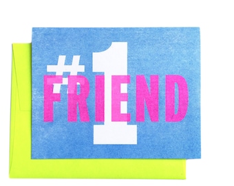 Number 1 Friend - Risograph Greeting Card, #1, Friends, Best Friend, Buddy, Colleague, Classmate, Partner, Companion, Besty, Retro, 80's