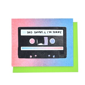 Canciones tristes - Tarjeta de felicitación de Risograph retro, Tarjeta de perdón, Tarjeta de condolencias, Tarjeta de cinta de casete, Tarjeta de cinta mixta, Tarjeta de disculpa