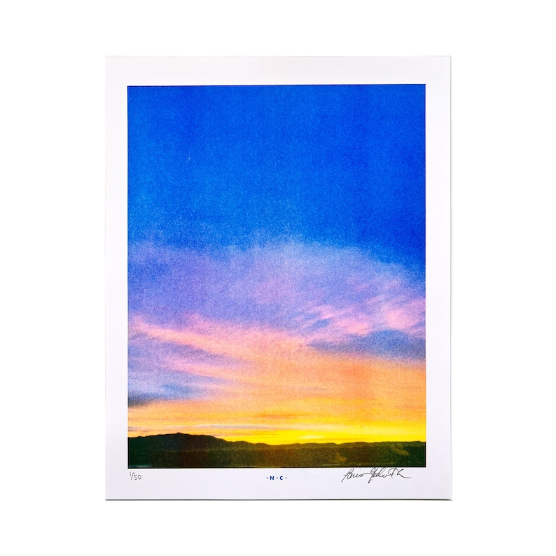 Blue Sunset Risograph Art Print, Sky, Sunset, Clouds, Wispy, Mountain, Distance, Deep, Brilliant Blue image 1