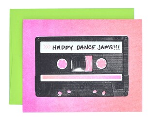 Happy Dance Jams - Retro Risograph Greeting Card, Cassette Tape Card, Mix Tape Card, Music Greeting Card