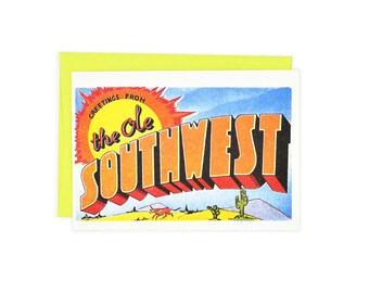 Greetings from: The Ole Southwest - Risograph Card, Greeting Card, Retro, Sunny, Desert, Cactus, Sunshine