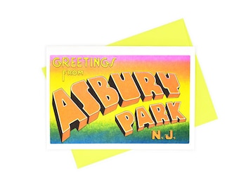 Greetings from: Asbury Park, New Jersey - Risograph Card, NJ, Jersey Shore, Bruce Springsteen, Stone Pony, Freehold, Dancing in the Dark,