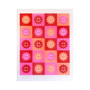 Sunshine Checks - Risograph Print, Sun, Smiley, Retro, Pattern, Art Print, New Mexico, Screenprint, Mid-Century Modern