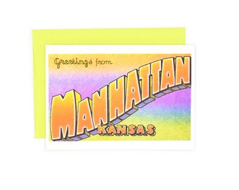 Greetings from: Manhattan, Kansas - Risograph Card, Kansas State, KSU, Riley County, Little Apple, Prairie, Flint Hills