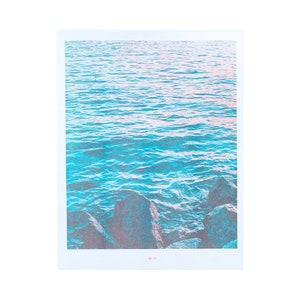 River Sunset - Risograph Art Print, Waves, Water, Nature Poster, Sunlight, Aqua