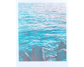 River Sunset - Risograph Art Print, Waves, Water, Nature Poster, Sunlight, Aqua