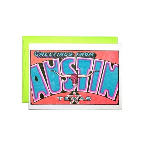 Saudações de: Austin, Texas - Risograph Card, Hill Country, Barton Spring, ATX, Keep Austin Weird, Texas Longhorn, Congress Avenue
