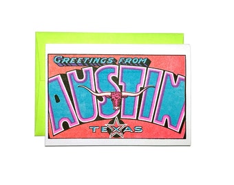 Greetings from: Austin, Texas - Risograph Card, Hill Country, Barton Spring, ATX, Keep Austin Weird, Texas Longhorn, Congress Avenue