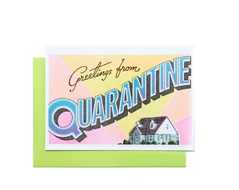 Greetings from: Quarantine - Risograph Card - Greeting Card Pack, Covid-19, Corona Virus, Social Distancing