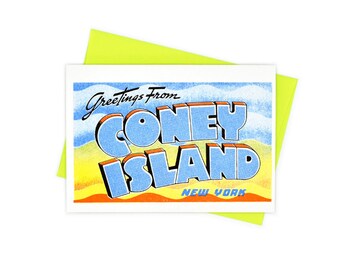 Greetings from: Coney Island, Brooklyn, Risograph Card, New York, Beach, Cyclone, Freak Show, Retro, NYC