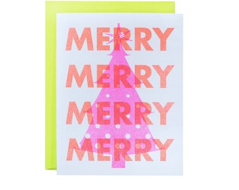 Merry Pink Tree - Neon Christmas Risograph Greeting Card, Holiday, Christmas Tree, Xmas,