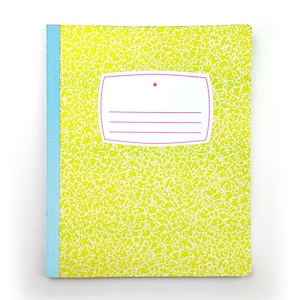 May include: A yellow notebook with a blue spine and a white label with a pink asterisk. The label has three lines for writing.