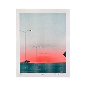 High Mast Lights - Risograph Art Print, Sky, Sunset, Streetlamp, Night, Eerie, Highway, Quiet, Airport, Grainy, Streetlight