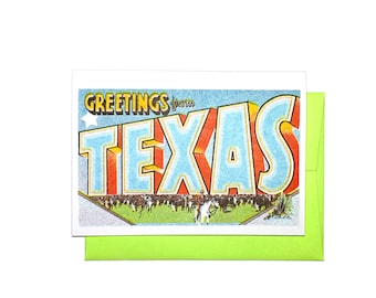 Greetings from: Texas - Risograph Card, TX, America, Cowboys, Rangers, Dallas, Fort Worth, Austin, Houston, Marfa, Corpus Christi, Waco