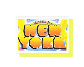 Greetings from: New York - Risograph Card, NYC, NY, Empire State Building, Manhattan, Brooklyn, Queens, Staten Island, The Bronx, Big Apple