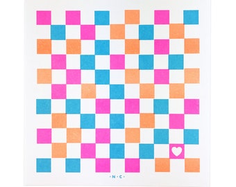 Summer Checkers - Square Risograph Print, Lines, Art Print, Riso, Simple, Color, Mid Century Modern Print, Retro