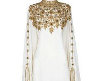 white and gold kaftan dress