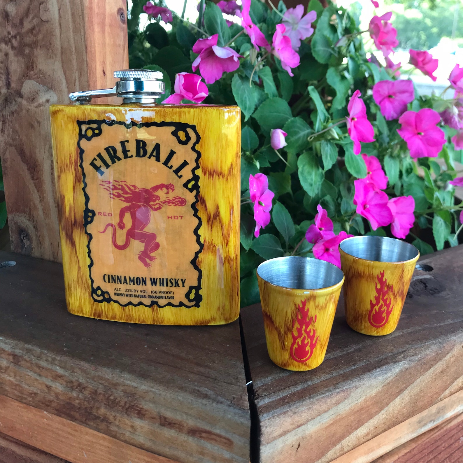 Fireball Woodgrain 7oz flask and two 1oz shot glass set Etsy