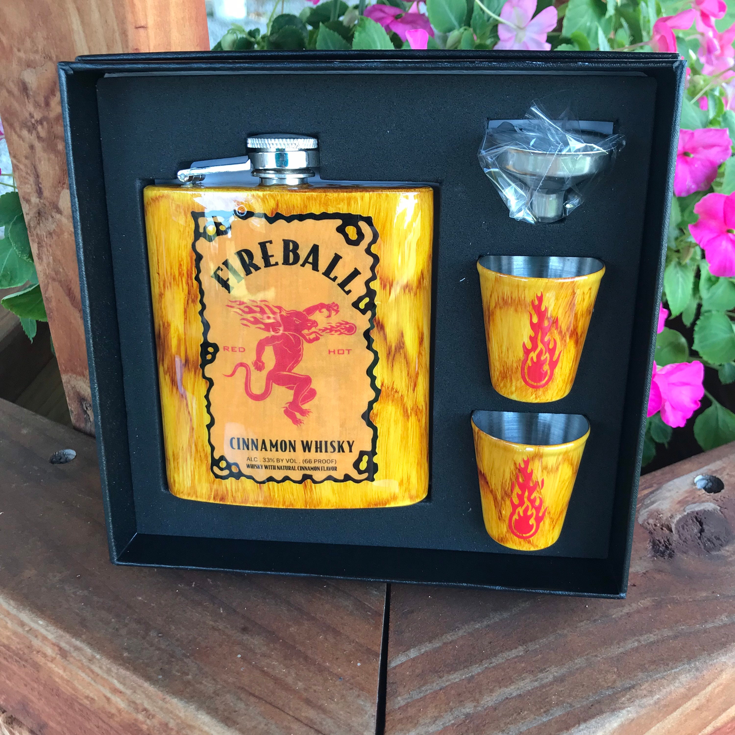 Fireball Woodgrain 7oz flask and two 1oz shot glass set Etsy