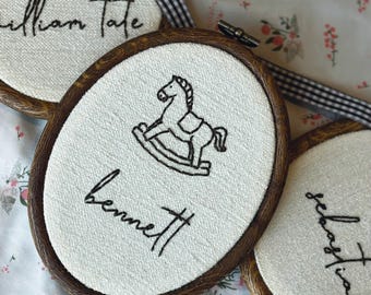 Custom Name Embroidery Hoop, Rocking Horse Nursery Decor, Nursey Wall Decor, Custom Baby Name Announcement, Vintage Baby Decor