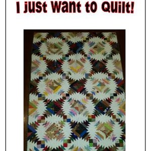 May include: A colorful quilt with a pineapple pattern. The quilt is made of various fabrics in shades of red, brown, blue, and white. The quilt is available in lap, twin, full, queen, and king sizes. The text "WANAQLT I just want to Quilt!" is displayed above the quilt. The text "Beulah's Pineapple Quilt" is displayed below the quilt.