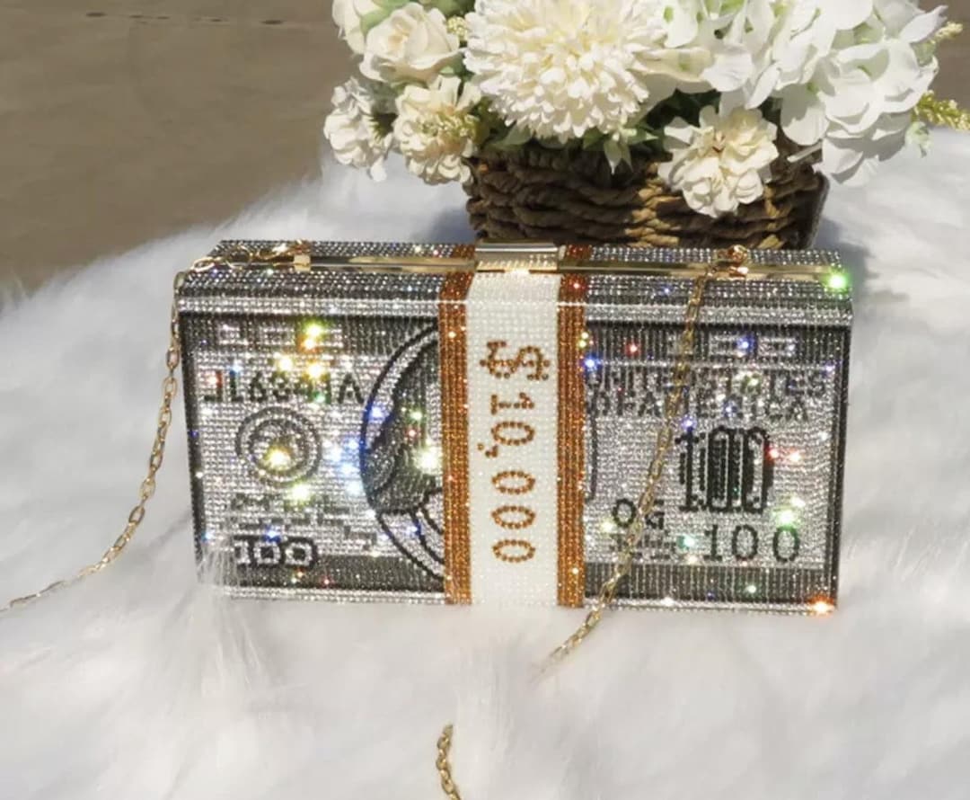Crystal 100 Dollar Bill Clutch Handbag Stack of Money Purse 
