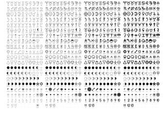 Astrology symbols minimalistic icons transparent background editable versions zodiac planets Moon phases asteriods aspects alchemy elements