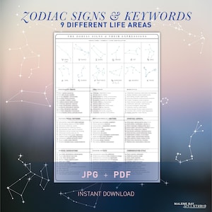 Zodiac Signs Reference Chart Astrology keywords cheat sheet - Personality Traits, Work Style, Shadow Aspects, Medical & Spiritual Guide