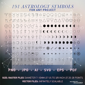 Símbolos astrológicos del zodíaco, iconos minimalistas vectoriales y rasterizados Símbolo astrológico en muchas versiones Planetas Fases lunares Símbolos astrológicos editables