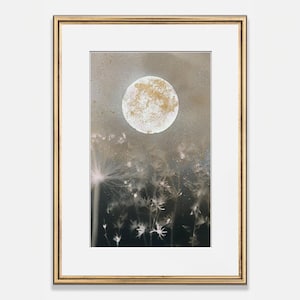 Dipinto a mano su carta Full Moon Wall Art con polvere d'oro vera / Stampa artistica di fiori pressati / Arte celeste con tecnica mista Amanti della luna spirituale