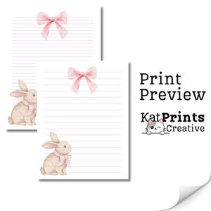 May include: White lined paper with a pink bow and a watercolor illustration of a bunny wearing a pink bow. The text "Print Preview" and "KatPrints Creative" are also visible.