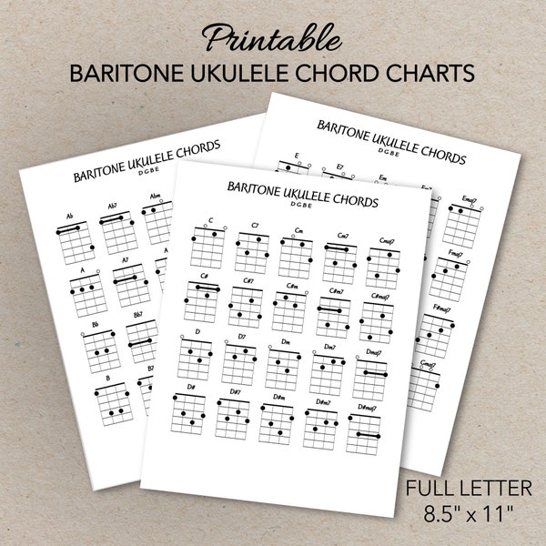 Baritone Ukulele Chord Charts, Printable PDF Format, Letter Size, Print at home