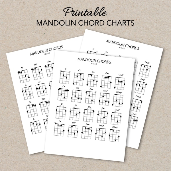 Mandolin Chord Charts, Printable PDF Format, Letter Size, Print at home