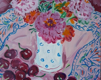 Zinnias and Cherries