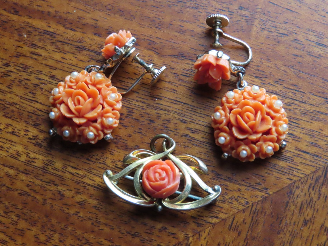Vintage Coral Earrings & Pendent Set Etsy
