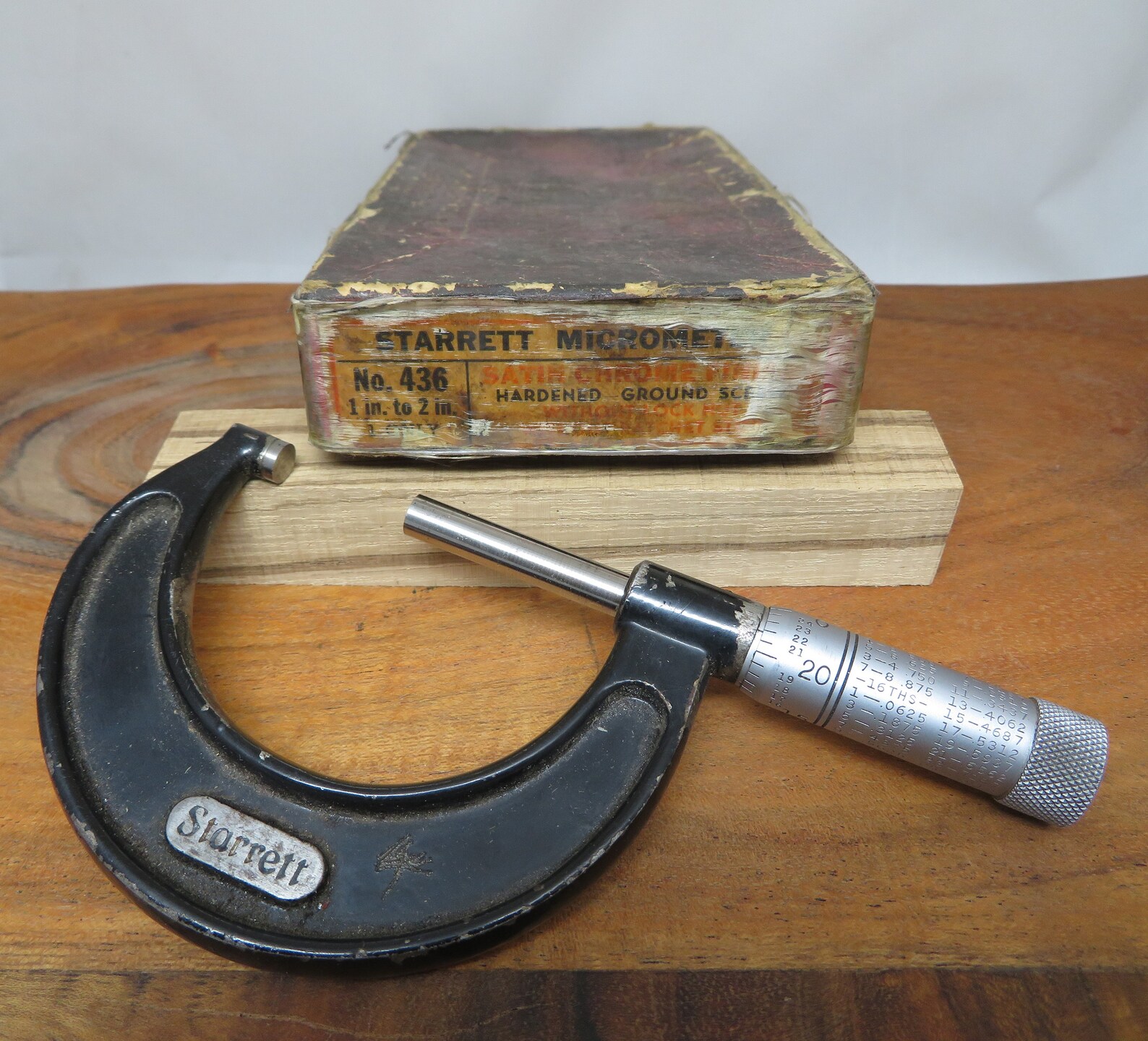 Vintage STARRETT Mechanical Outside Micrometer, Range 1 in to 2 In, Mechanical Display Type