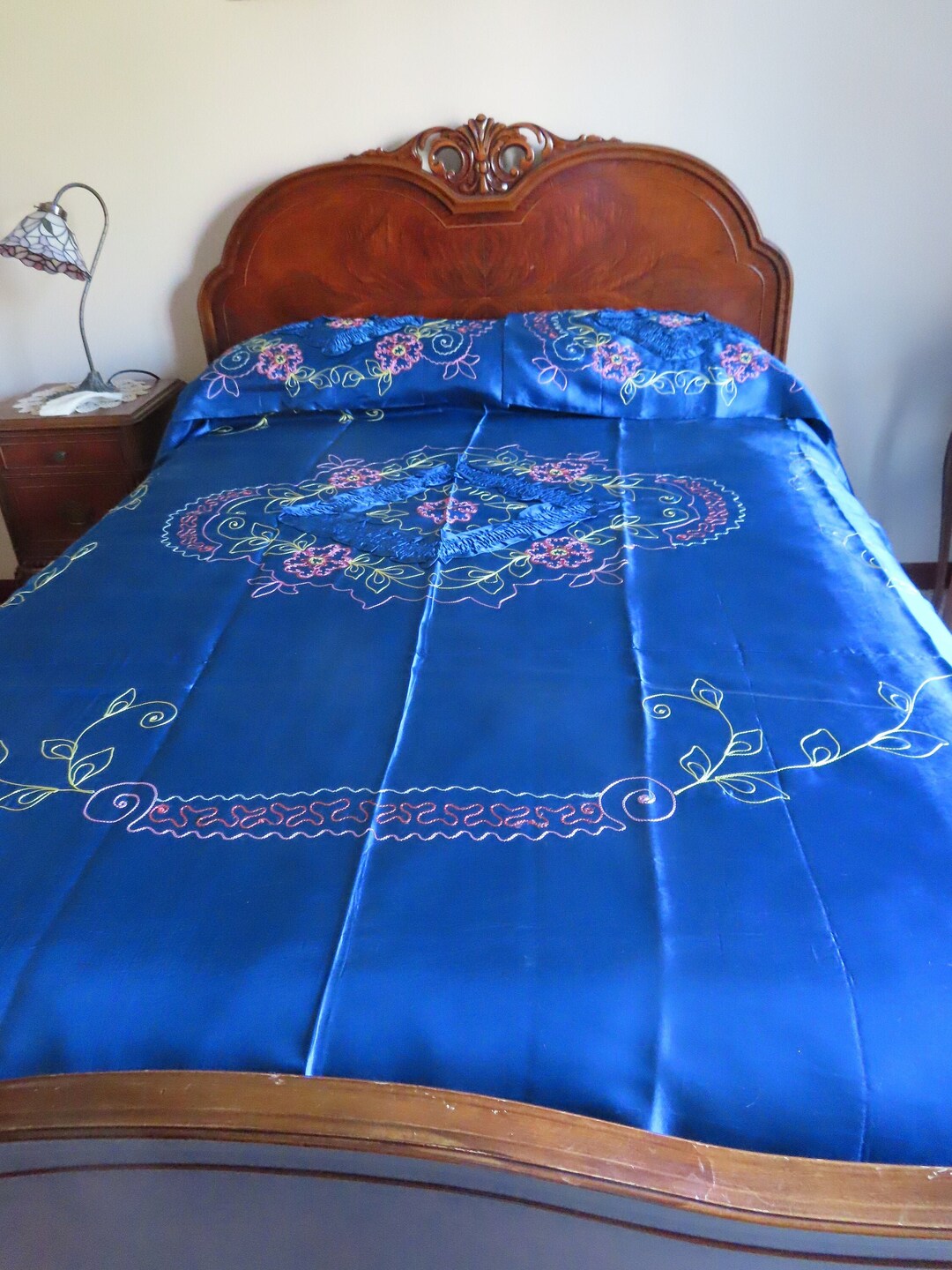 Vintage Blue Embroidered Silk Bedspread. Etsy